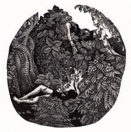 かくれんぼ/ 赤池 ももこ/木口木版画/13×13cm/シート￥16,500(税込)/額装済 ￥20,100(税込)