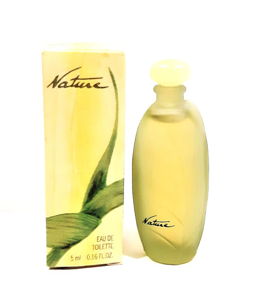 NATURE - EAU DE TOILETTE 5 ML : VARIANTE DANS LA MINIATURE ET SA BOÎTE : MINIATURE EN VERRE DEPOLI TEINTE JAUNE, BOÎTE JAUNE