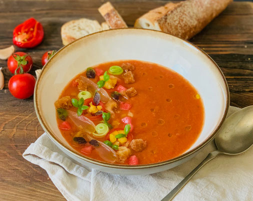 Kaltschale, Gazpacho, Tomatenkaltschale, Wassermelonenkaltschale, Wassermelone, Tomate, Suppe, Sommersuppe 