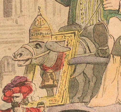 Après le vol de la Joconde au mois d’août 1911 : âne en cartonnage coiffé de la tiare de Saïtapharnès* et portant le cadre vide de la Joconde, tirant le char des Gardiens du Louvre, char du Carnaval de Nice 1912. Anonyme — Détail d’une illustration parue