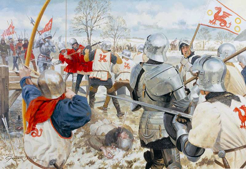 A modern painting of the Battle of Towton 1461 by Graham Turner. The battle was fought during a snowstorm with 100,000 men in the field and was the largest and bloodiest battle on English soil.