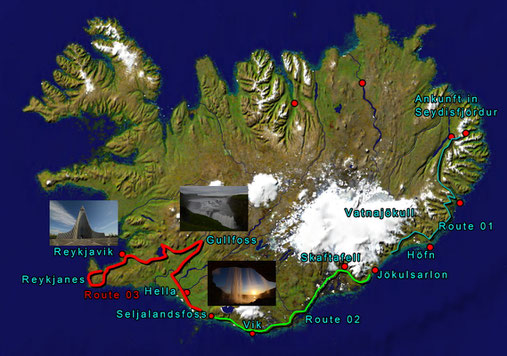 Route: 03 Vom Seljalandfoss über Hella, Selfoss zum Gullfoss, Geysir, Nationalpark Thingvellir Reykjavik und auf die Halbinsel Reykjanes  : 