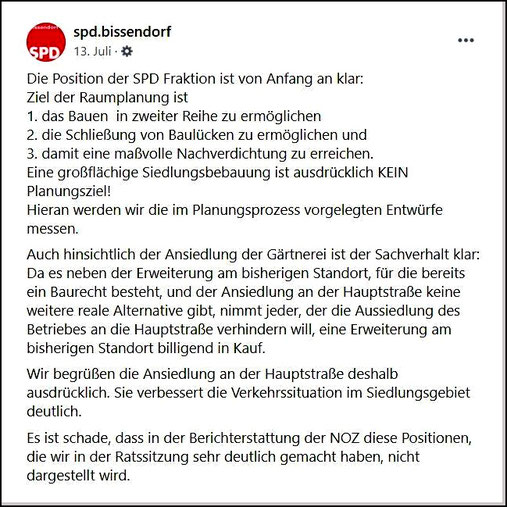 Stellungnahme der SPD-Bissendorf zur geplanten Wohngebietsverdichtung in der Natberger Heide vom Juli 2020
