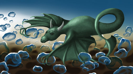 Drache zwischen Blasen fliegend