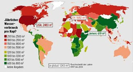 Als «Wasser-Fussabdruck» eines Landes bezeichnet man die Menge Wasser, die für die Produktion von Gütern und Dienstleistungen gebraucht wird, die die Einwohner dieses Landes konsumieren. Rot dargestellte Länder verbrauchen mehr als der globale Durchschnit