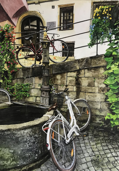 2023, Tübingen, "DreiRädle" am Haaggassenbrunnen, Aquarell, 4o x 55 cm