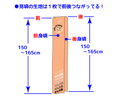 着物をバラした状態で見頃の部分の長さをわかりやすく表した図。一般的に前後とも150～165cmであるが、実は１枚の布でできているため300～330cmの長さがある！図