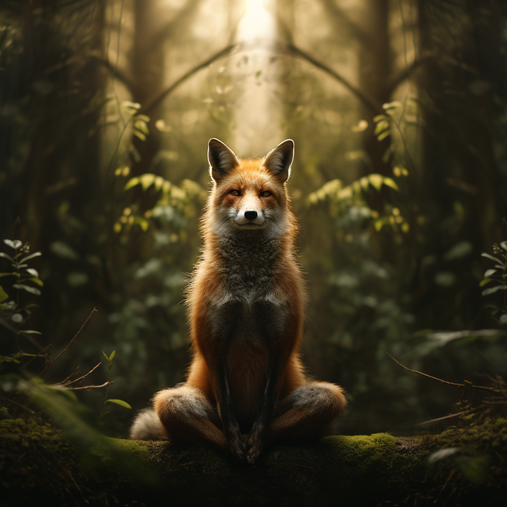 Ein Fuchs sitzt in einem halben Schneidersitz und schaut sehr weise und magisch aus, er sitzt auf einem gefällten Baum und ist umgeben vom Wald