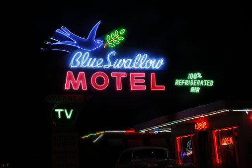 Neon sign of the famous "Blue Swallow" Motel in Tucumcari, New Mexico