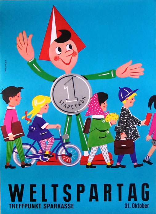 Sparefroh am Weltspartag. Plakat von Heinz Traimer, Sparkasse nach 1960.