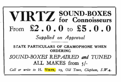 A 1920's Small Ad. From Harry Virtz showing his Clapham Address