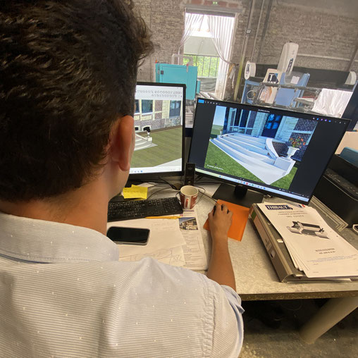 Gauthier réalise la conception des visuels en 3D pour l'escalier et le perron d'un manoir