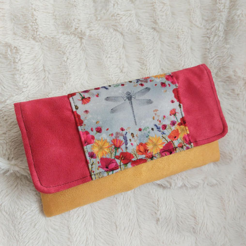 Mini pochette porte cartes, chèquier,libellule, fleurs, coquelicots, faite main l'Arche de Jessica