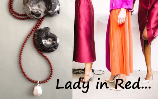 Unikat-Kette LADY IN RED - Jaspis mit weißer Barockperle; Perlenschmuck, Süßwasserperlen