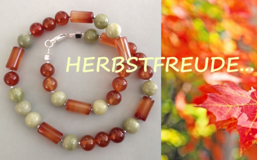 Kette HERBSTFREUDE - Barneol und Serpentin; Perlenschmuck, Süßwasserperlen