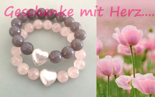 Armbänder aus Rosenquarz und Achat mit Silberherz; Perlenschmuck, Süßwasserperlen