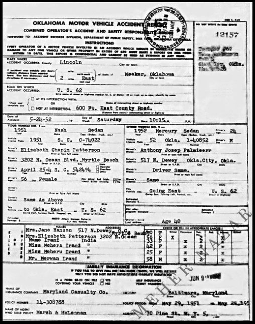 Report of the 1952 automobile accident filed with the Oklahoma Highway Patrol