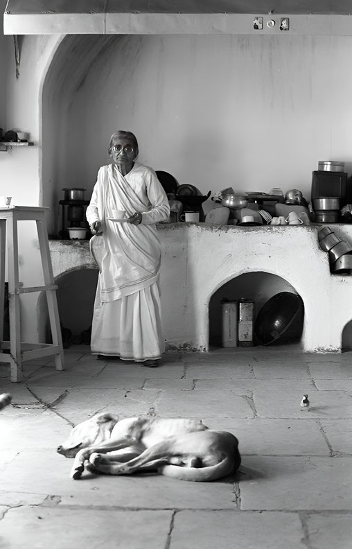 Mansari in her kitchen with one of her dogs - Photographed by Anne Giles
