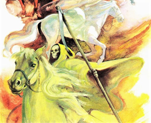 L'agneau a ouvert le 4ème sceau, le 4ème être vivant a dit "viens". Apparaît alors le 4ème cheval de couleur verdâtre qui est chevauché par la Mort elle-même. Selon d'autres traductions, le cheval est blême, pâle ou livide, ce qui évoque la maladie.