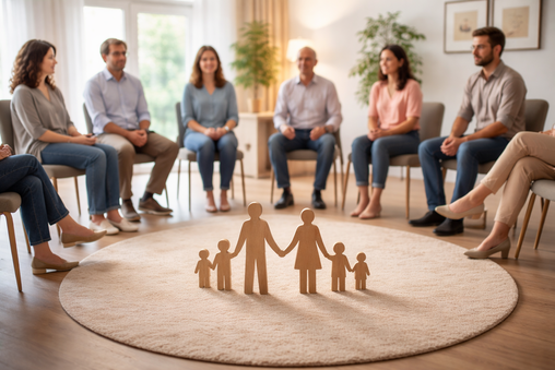 Stühe im Halbkreis mit erwachsenen Personen drauf. In der Mitte Familie aus Holzfiguren