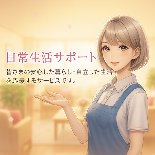 日常生活サポート　金銭管理のお手伝い ・銀行での払い戻し手続きの補助 ・公共料金等のお支払い補助  2. 各種手続きのサポート ・福祉サービスの利用申請 ・行政機関への届出補助  3. 日常生活に関するご相談対応  4. その他、自立した生活に役立つ支援