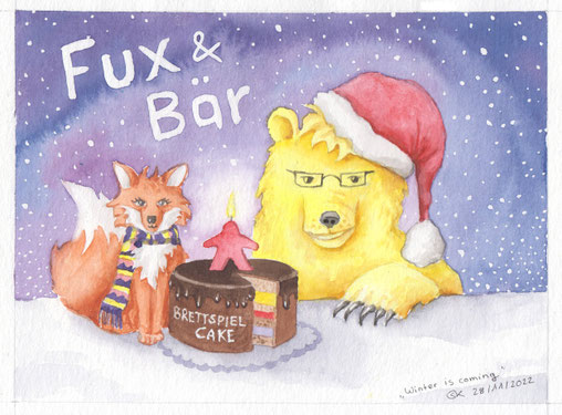 Aquarellbild "Fux und Bär mit Brettspiel-Cake: Winter is coming": ein Fuchs mit Schal und ein Bär mit Brille und Mütze vor einem Kuchen, der eine Kerze in Form eines Meeples trägt