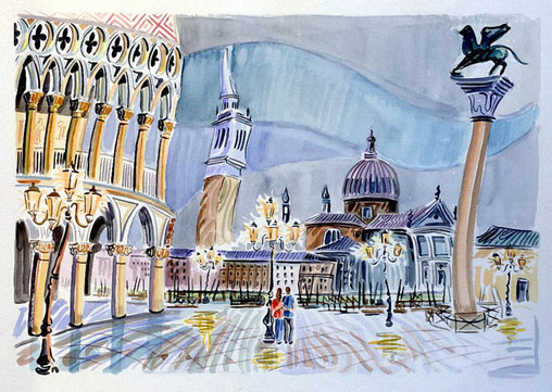 PLAZA DE SAN MARCOS (VENISE). Aquarelle sur papier pressé. 56 x 76 x 1 cm.