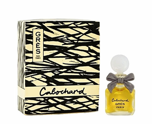 CABOCHARD - MINIATURE PARFUM - BOUCHON PLASTIQUE BLANC AVEC NOEUD GRIS - BOÎTE A RABAT : CONTENANCE NON INDIQUEE