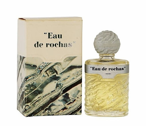 MINIATURE RARE : "EAU DE ROCHAS" AVEC BOUCHON BOULE EN PLASTIQUE GRIS, BOÎTE LARGE - CONTENANCE NON INDIQUEE SUR LA BOÎTE