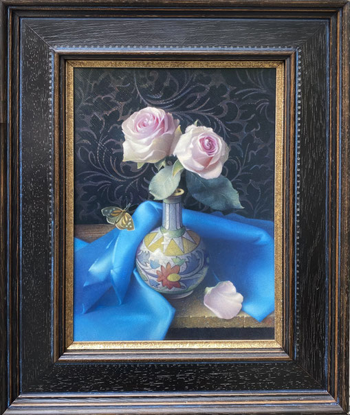 Koo Schadler, "Two Roses and a Petal, from Above," 2021, egg tempera on true gesso panel, 9.75 x 7 inches (14.24 x 11.25" framed,) $4,200