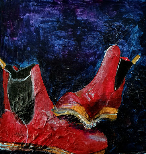 "Boots in Rot",    20 x20 cm,   Acryl auf Leinwand,  2022,  Angelika Wolf