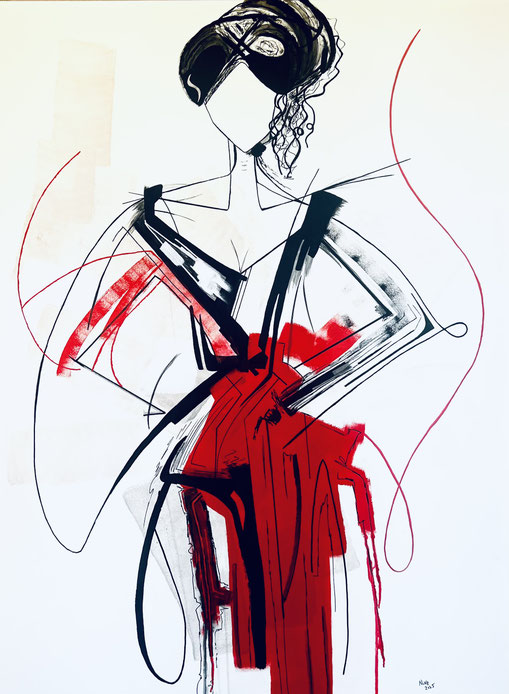 Silhouette féminine, stylisée sans visage, peinte à l'acrylique en rouge, noir et blanc, exprime l'élégance, la force et le mystère œuvre abstraite de Nine, artiste, peintre à Trans en Provence