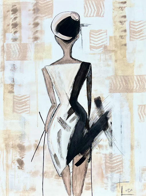 Peinture contemporaine, représentant une femme de dos, portant un chapeau et tenant, deux bâtons, marchant vers l'arrière.Ton beige, blanc, noir. Atmosphère, douce et introspective, œuvre acrylique, originale de Nine, artiste, peintre à Trans en Provence