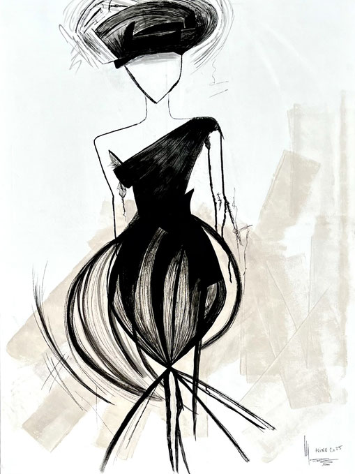 Peinture acrylique, réalisée par Nine artiste, peintre à Trans en Provence. L'œuvre représente une femme sans visage peinte en blanc sur un fond marron moyen, elle porte un grand chapeau, une robe à symétrique longue en forme de Boule.