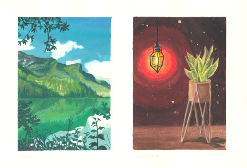 Gouachestudien "Bergsee" und "Pflanze mit Licht": links ein grün bewaldeter Berg, sich im Wasser spiegelnd und rechts eine Pflanze, die von einer hängenden Glühbirne beschienen wird.
