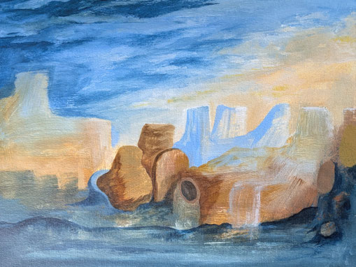 Ein Acrylbild entsteht mit spontaner Malerei: Landschaft mit Wasserfall und Seifenblasen