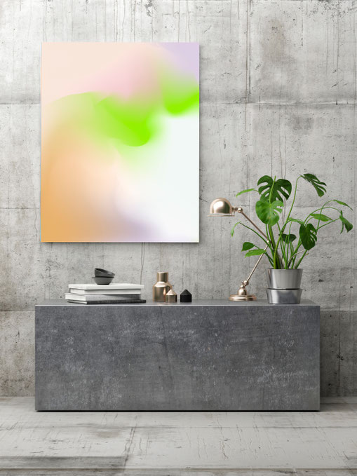 Empfangsbereich mit Sideboard, Pflanze und abstraktem Wandbild, Kunst für Unternehmen, Klinik und Praxis für ruhige Atmosphäre