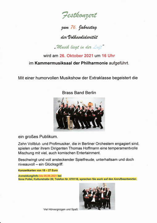 Festkonzert zum 76. Jahrestag der Volkssolidarität „Musik liegt in der Luft“ - Brass Band Berlin am 26. Oktober 2021