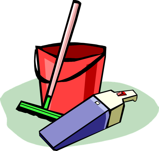 Zeichnung mit einem roten Eimer, einem grünen Bodenwischer und einem in blau gehaltenen Handstaubsauger