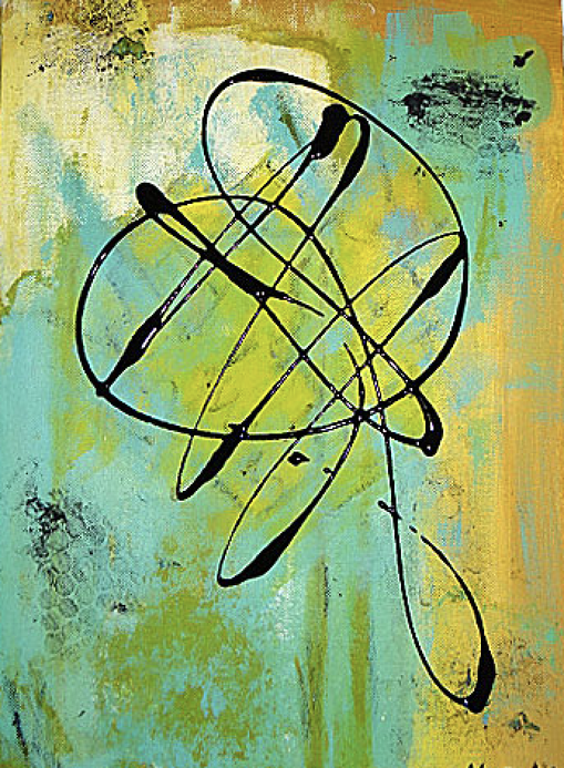 Peinture abstraite avec un fond vert et jaune, traversé de très noir, entrelacer évoquant une partition musicale, œuvre de Nine artiste, peintre à Trans, en Provence, une composition visuelle en harmonie, rythmique et coloré.
