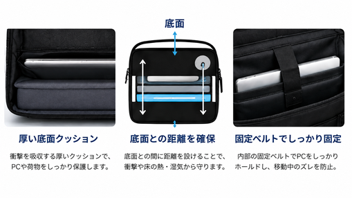 厚い底面クッション・底面との距離・固定ベルトでノートPCを保護するETUBYビジネスバッグ