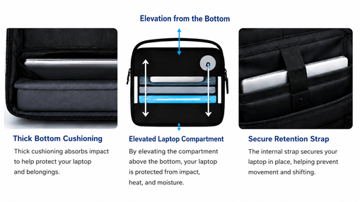 Laptop bag protection features including thick bottom cushioning, an elevated laptop compartment, and a secure retention strap.