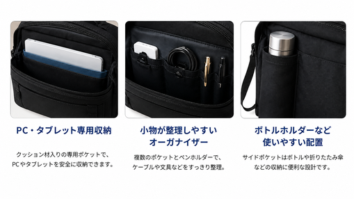 PC・タブレット収納やオーガナイザー、ボトルホルダーを備えたETUBYビジネスバッグ