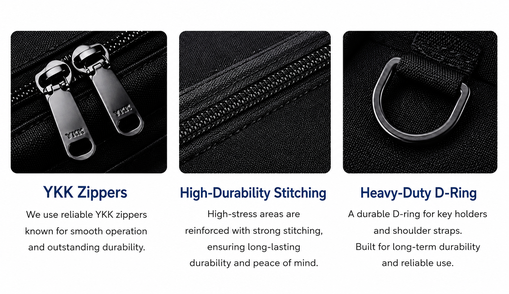Durable laptop bag components including YKK® zippers, reinforced stitching, and a heavy-duty D-ring.