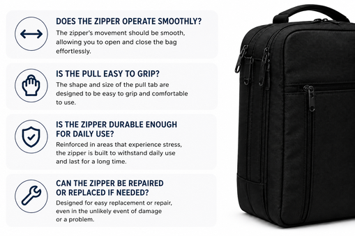 Key features to check when choosing a laptop bag, including smooth YKK zipper operation, durability, repairability, and comfortable zipper pulls.