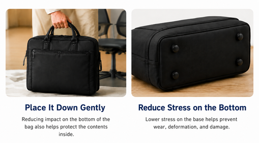 Place a business bag down gently and view of the reinforced bottom feet that help reduce wear and protect the bag.