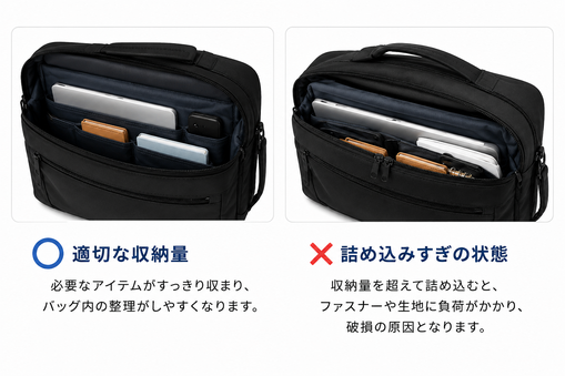ビジネスバッグの適切な収納量と詰め込みすぎによる負荷を比較した収納例
