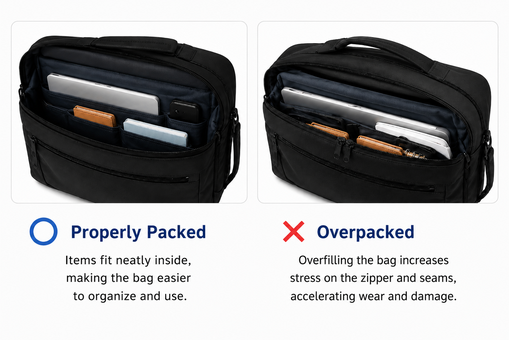 Comparison of a properly packed business bag and an overpacked bag showing how excessive loading increases stress on zippers and seams.