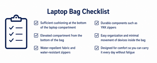 Laptop bag buying checklist highlighting protection, durability, weather resistance, organization, and carrying comfort.