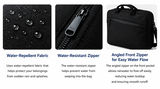 Water-repellent fabric, water-resistant zipper, and angled front zipper designed to improve rain protection.